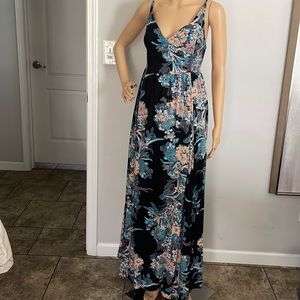Free People Black Maxi Dress with Blue and Peach Floral Print MEDIUM